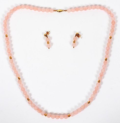 PINK QUARTZ BEADS & EARRINGS 14KT GOLD SPACERS
