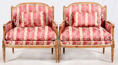 LOUIS XVI-STYLE UPHOLSTERED WALNUT ARMCHAIRS