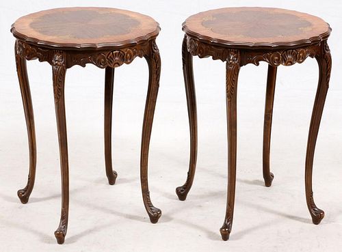 FRENCH STYLE CARVED AND INLAID WALNUT END TABLES