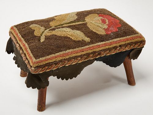 Footstool with Original Hooked Fabric Top