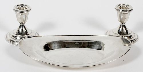 STERLING SILVER TRAY AND CANDLEHOLDERS THREE PIECES