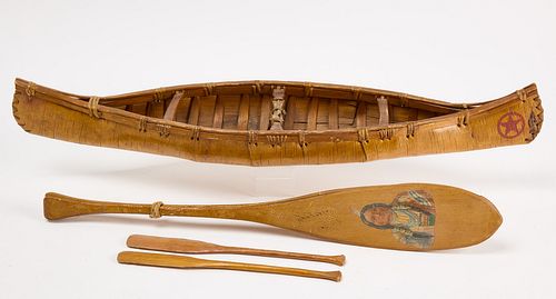 Birch Bark Canoe Model with Paddles