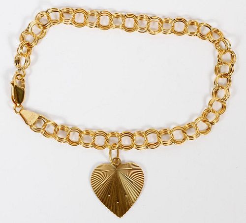 14KT YELLOW GOLD LINK AND HEART CHARM BRACELET