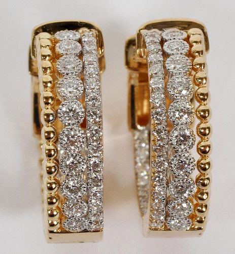 1CT DIAMOND AND 14KT YELLOW GOLD HOOP EARRINGS PAIR