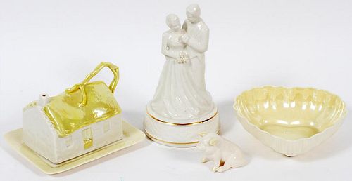 BELLEEK FIGURE GROUP DISHES AND PIG 4 PIECES