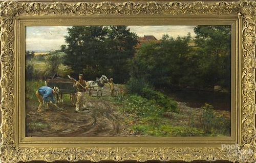William Darling McKay (British 1844-1924) oil on canvas landscape with figures, signed lower left and dated '75, 18" x 34".