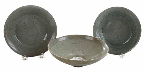 Koryo Celadon Bowl and Two Shallow