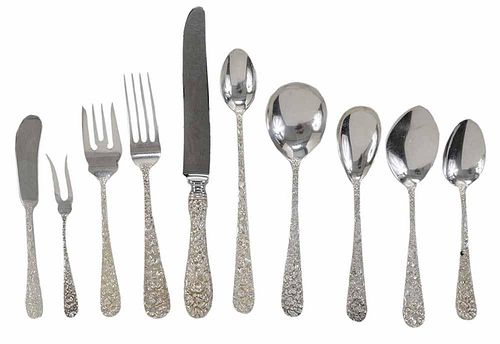 Stieff Rose Repousse Sterling Flatware, 105 Pieces