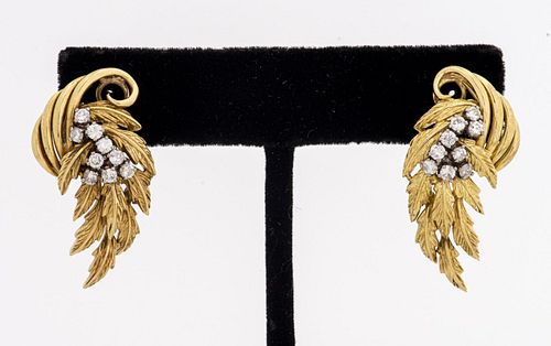 Vintage 18K Yellow Gold Diamond Feather Earrings