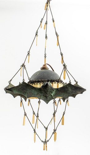 Art Nouveau Bronze & Bone Bat Motif Pendant Lamp