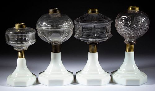 ASSORTED ATTERBURY PATTERN GLASS KEROSENE STAND LAMPS, LOT OF FOUR