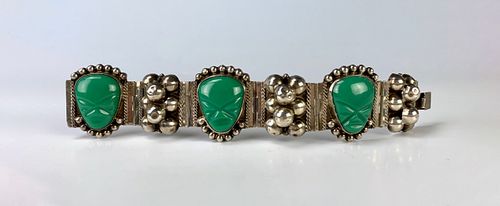 Mexican Sterling, Green Onyx Aztec Faces Bracelet