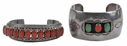 Two Silver, Coral and Turquoise Cuff