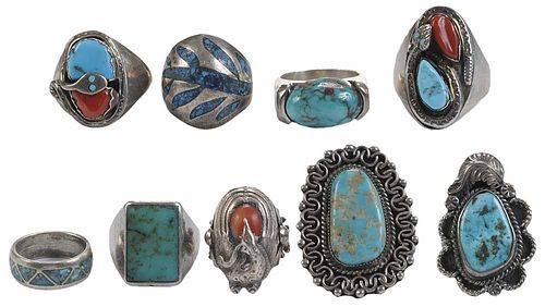 Group of Nine Silver, Turquoise and