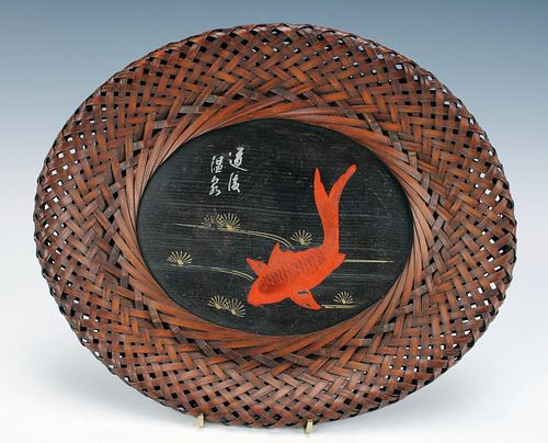 PAINTED FISH PLAQUE WITH WOVEN FRAME