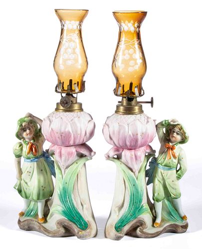 VICTORIAN CERAMIC FIGURAL MINIATURE LAMPS, SET OF TWO