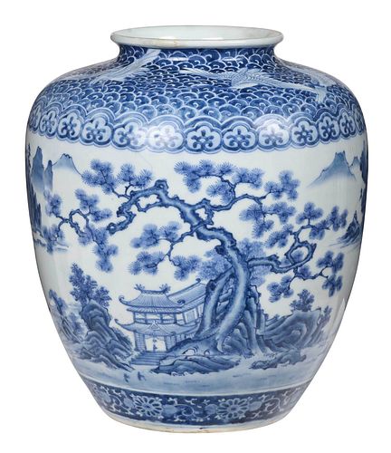 Large Korean Blue and White Vase with Landscape Decoration