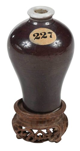 Chinese Meiping Aubergine Porcelain Miniature Vase on Stand