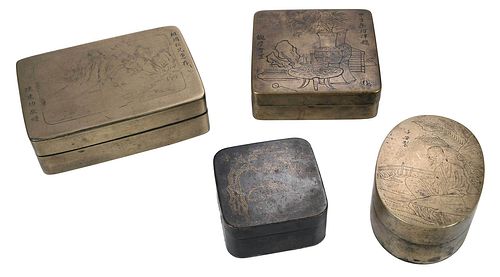 Four Chinese Brass Ink Boxes