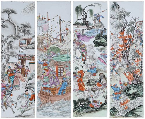 Four Chinese Porcelain Plaques with Battle Scenes