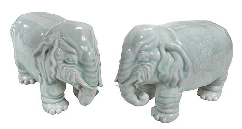 Pair of Chinese Celadon Glazed Elephants
