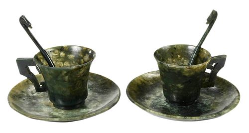 Pair of Chinese Spinach Jade Teacups and Saucers