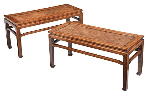 Pair of Chinese Ming Style Hardwood and Rattan Benches