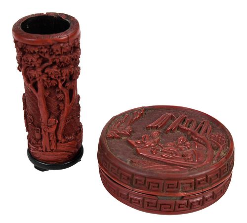 Two Chinese Carved Cinnabar Table Objects