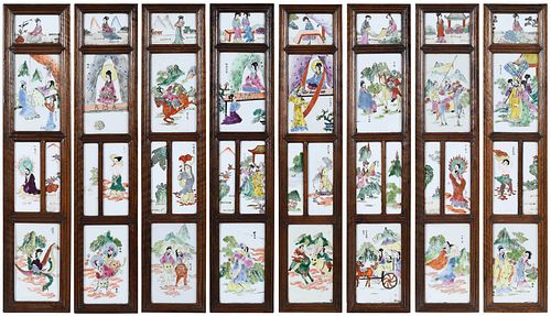 Eight Chinese Wood and Porcelain Panel Hanging Plaques