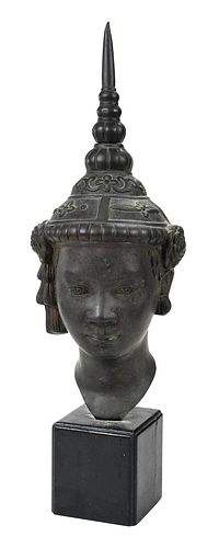 Southeast Asian Bronze Bust of Lady in Headdress