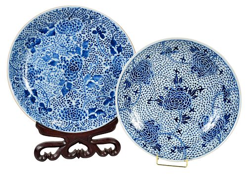 Two Chinese Underglaze Blue Peony Deep Dishes