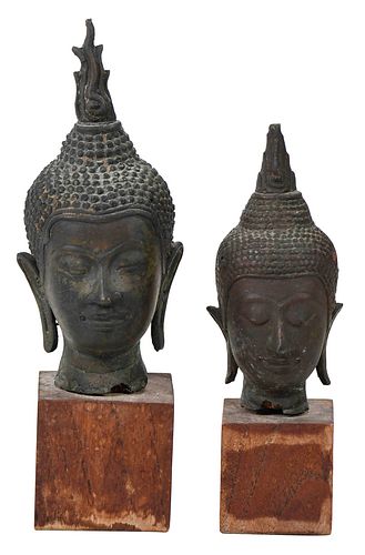 Two Thai Bronze U Thong Style Heads of Buddha