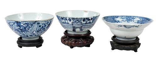 Group of Three Chinese Underglaze Blue Bowls with Stands