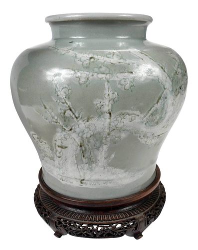 Chinese Celadon Earthenware Vase with Wood Stand
