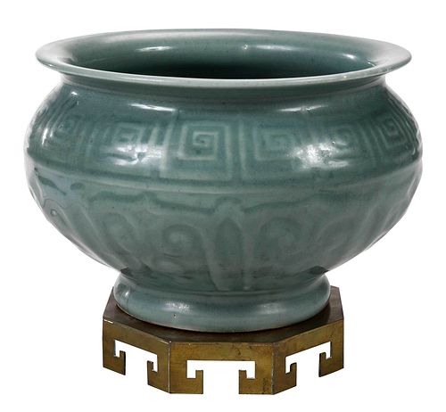 Chinese Celadon Earthenware Vessel with Brass Stand