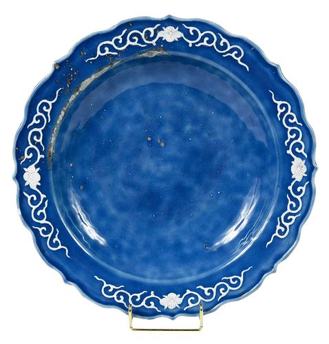 Large Chinese Blue Glazed Bowl with White Slip Decoration