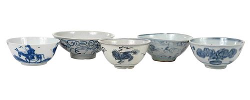 Group of Five Small Chinese Underglaze Blue Bowls