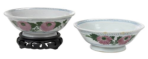 Two Chinese Rice Bowls with Pink and Green Decoration