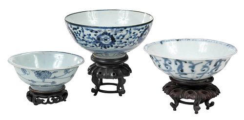 Three Chinese Underglaze Blue Bowls with Stands