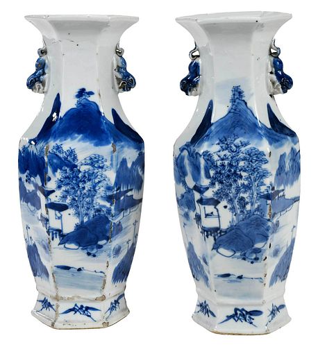 Pair of Chinese Blue and White Faceted Urns