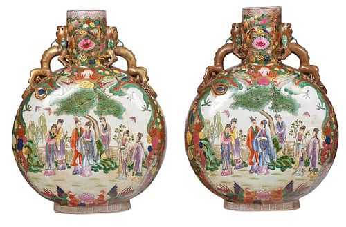 Pair of Large Chinese Famille Rose and Gilt Flask Form Vases