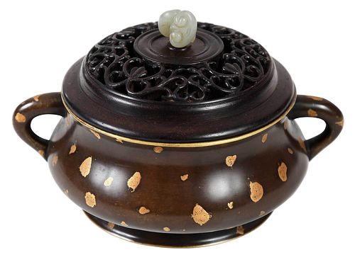Chinese Gold Splashed Bronze Censer with Lid