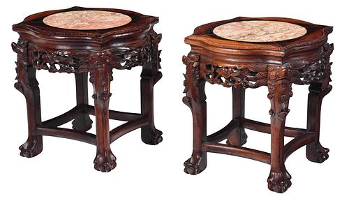 Pair Chinese Carved and Marble Inset Tabarets