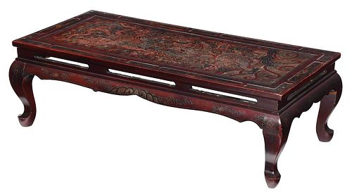 Chinese Red Lacquer and Polychrome Leaf Decorated Low Table