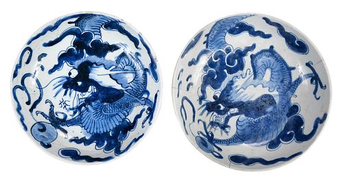 Pair of Chinese Blue and White Dragon Bowls