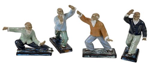 Four Shiwan Glazed Ceramic Tai Chi Mudmen Figures