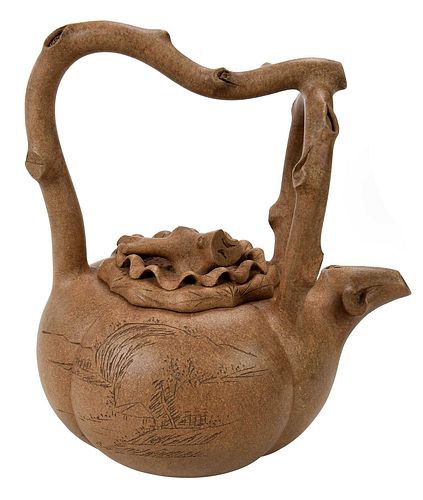 Yixing Melon Form Lidded Teapot with Branch Form Handle
