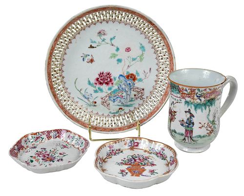 Three Chinese Porcelain Famille Rose Plates, One Export Mug