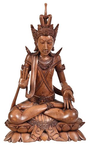 Balinese Carved Wood Bodhisattva on Lotus Base
