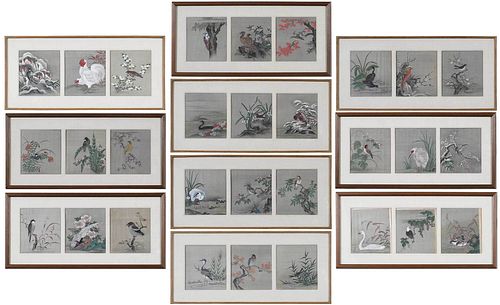 Ten Framed of 30 Asian Paintings of Birds on Silk